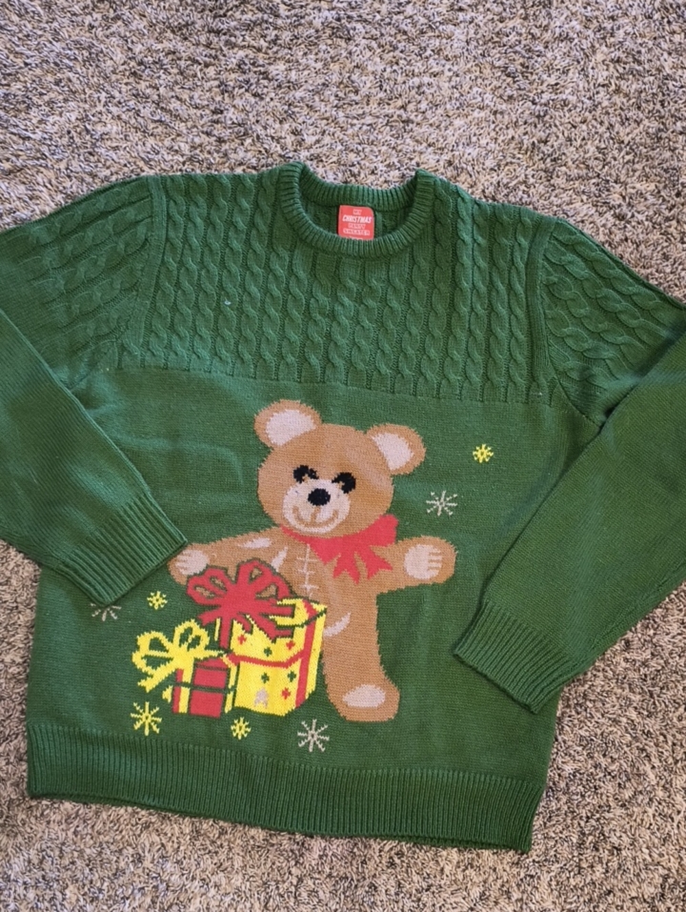 Ugly Christmas Sweater Teddy Bear Cable-Knit Sweater, Large